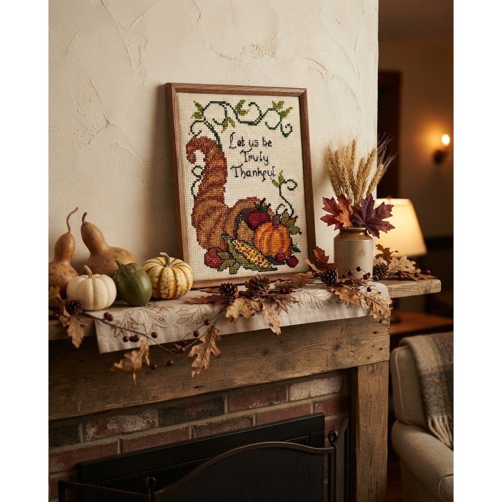 Vintage Framed Cross Stitch Thanksgiving Cornucopia Let Us Be Truly Thankful Art